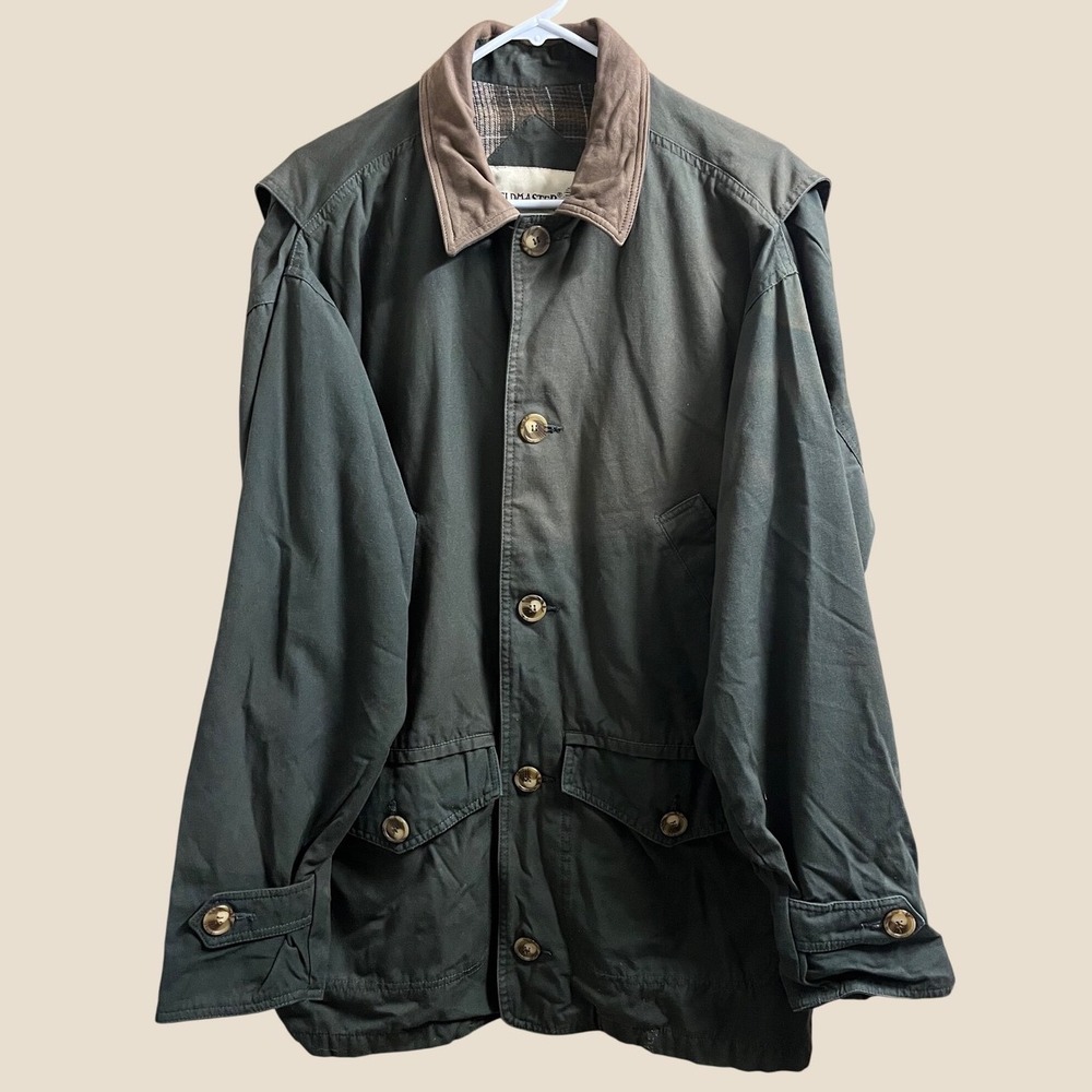 Fieldmaster Field Jacket Mens Small Green Leather Collar Flannel Lined Vintage